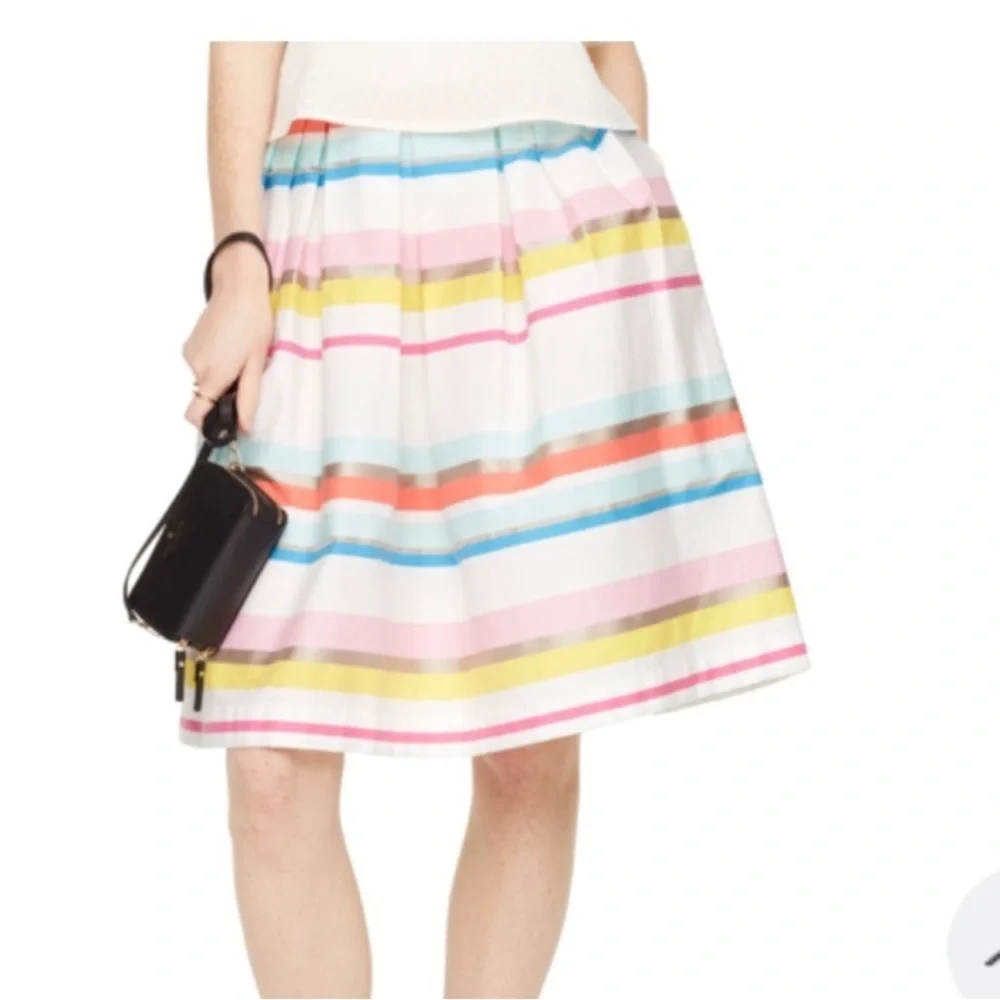 Kate Spade Ribbon Cape Rainbow Stripe Skirt Rainbow Pleated Midi Sz 12 NEW